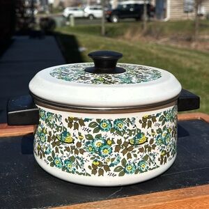 Vintage Mid Century Green And White Floral Pot With Lid